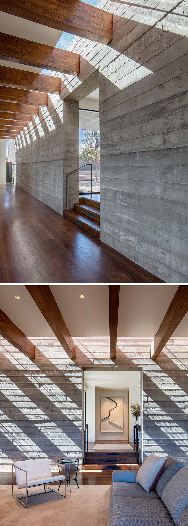 «Specht Architects» совсем недавно завершили этот современный дом в Санта-Фе, Нью-Мексико, который организован вокруг двух перпендикулярных бетонных стен, сформированных при помощи досок.