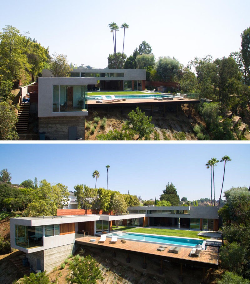 Этот новый дом был построен из дерева и бетона на крутом склоне в Беверли-Хиллз, Калифорния