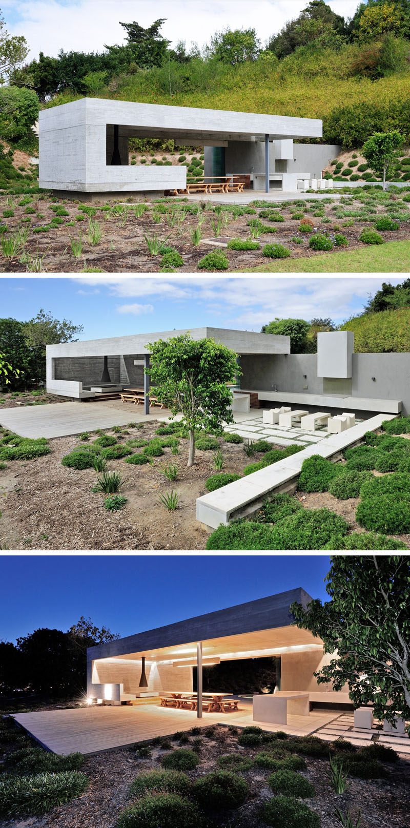 Этот бетонный садовый павильон был спроектирован с добавлением нескольких зон для развлечений